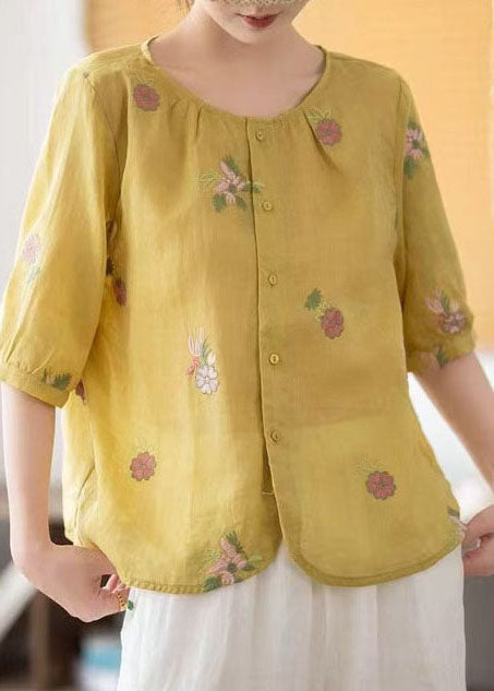 Embroidered O-Neck Yellow Linen Summer Tops Fine