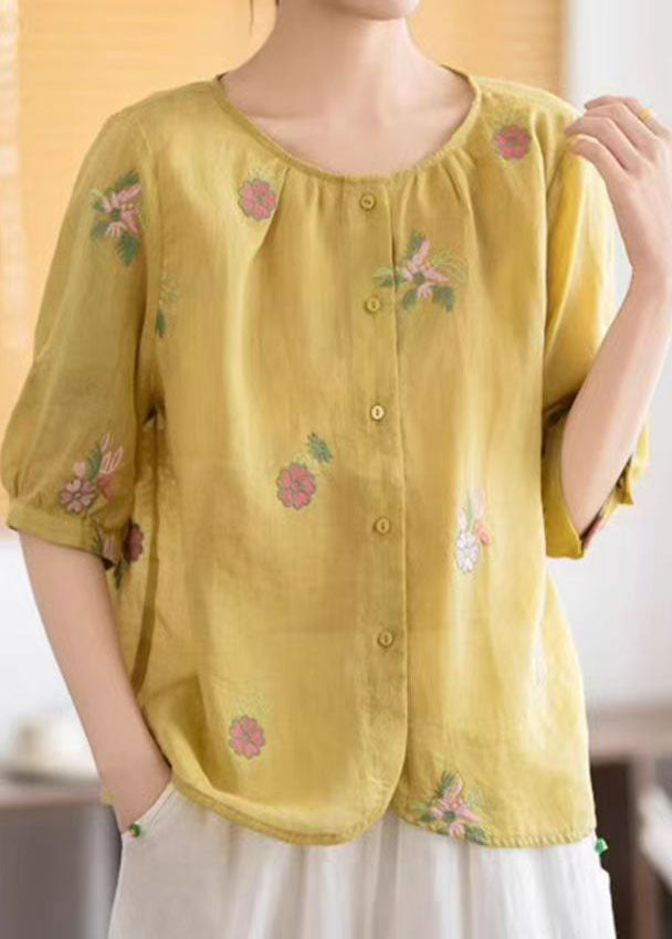 Embroidered O-Neck Yellow Linen Summer Tops Fine