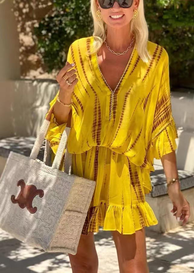 Batwing Beach Fine Sleeve Chiffon Print Zircon Yellow Dress