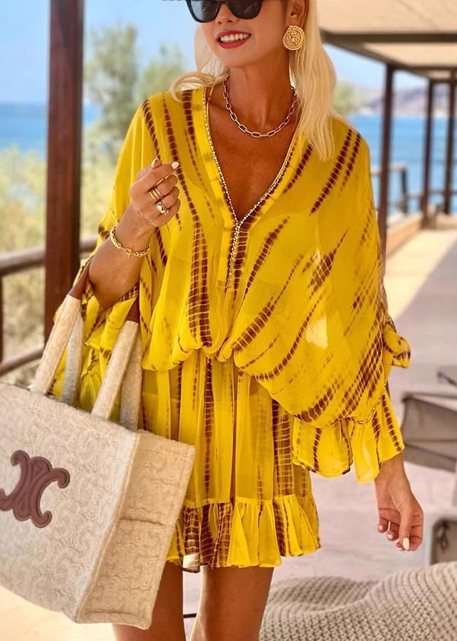 Batwing Beach Fine Sleeve Chiffon Print Zircon Yellow Dress