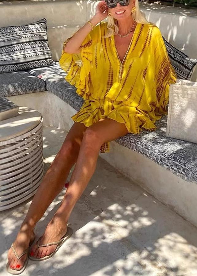 Batwing Beach Fine Sleeve Chiffon Print Zircon Yellow Dress