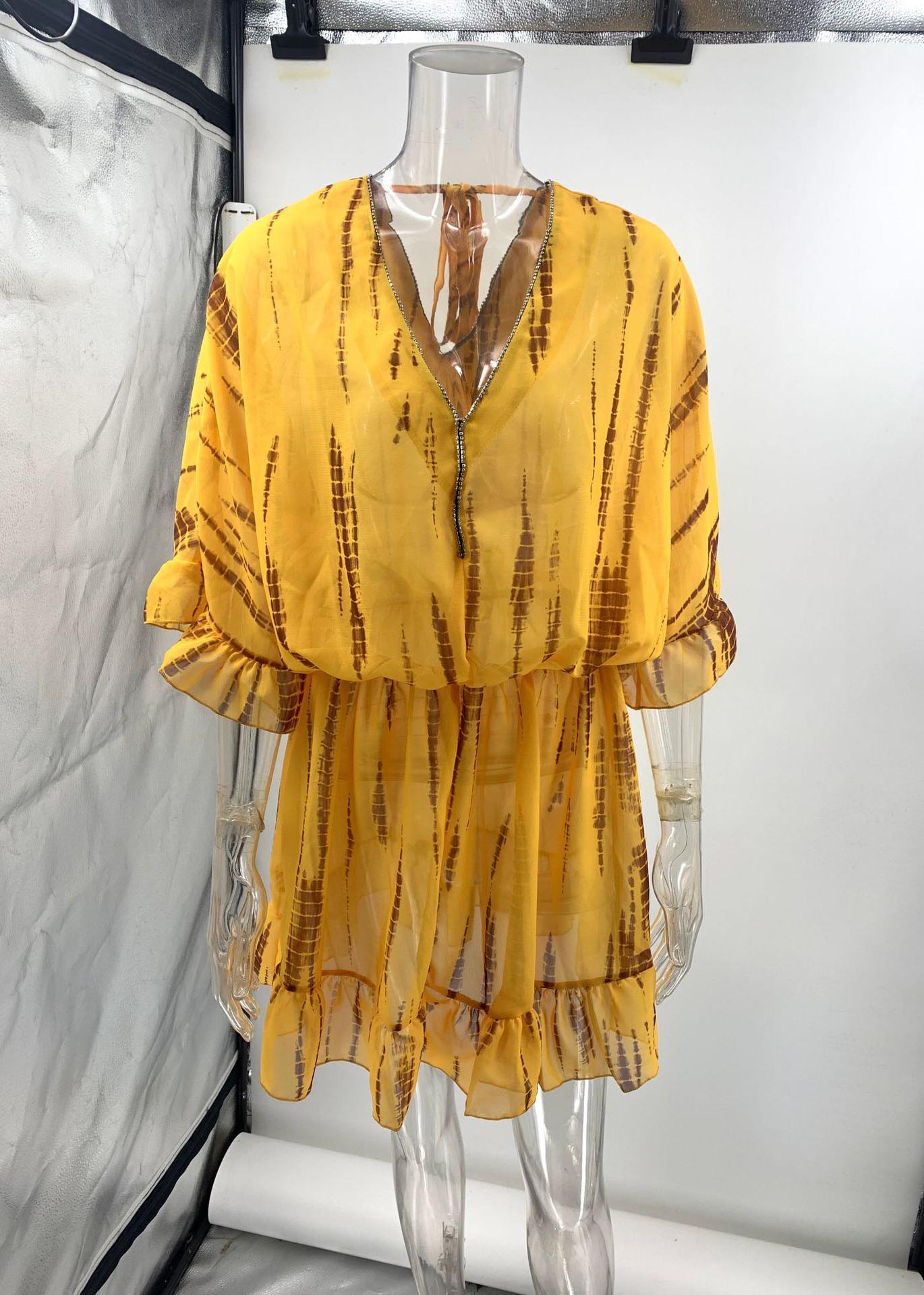 Batwing Beach Fine Sleeve Chiffon Print Zircon Yellow Dress