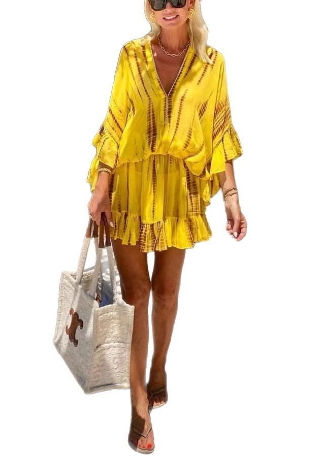Batwing Beach Fine Sleeve Chiffon Print Zircon Yellow Dress