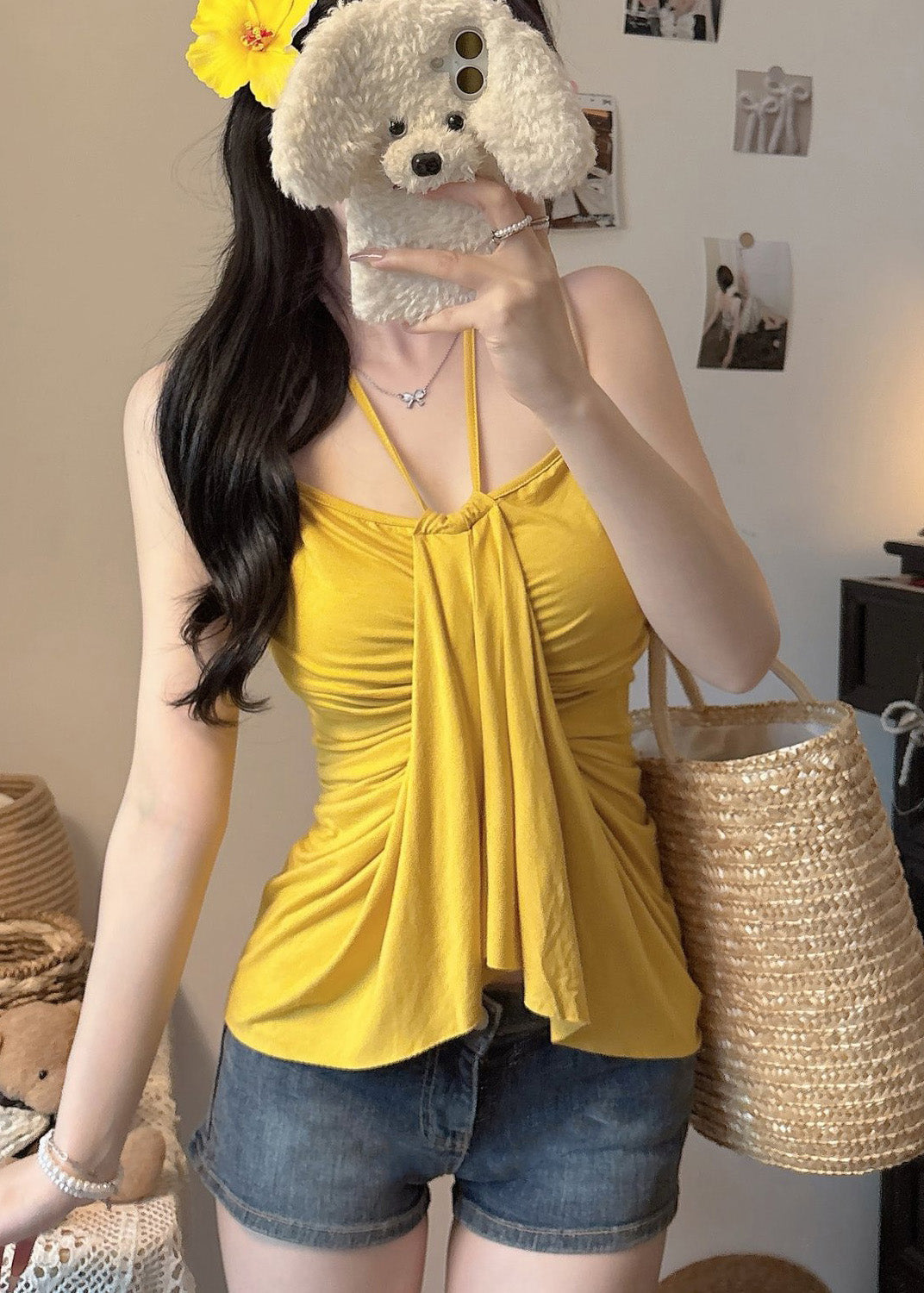 Tops Cotton Summer Fit Halter Fine Silm Yellow