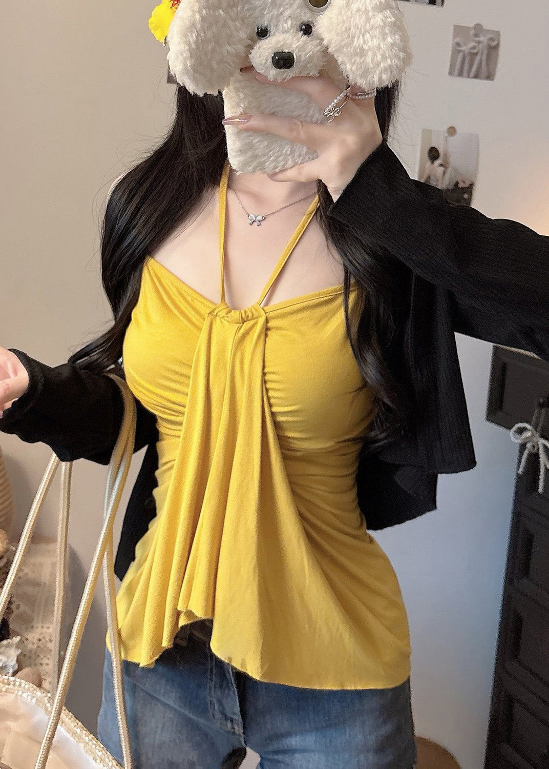 Tops Cotton Summer Fit Halter Fine Silm Yellow