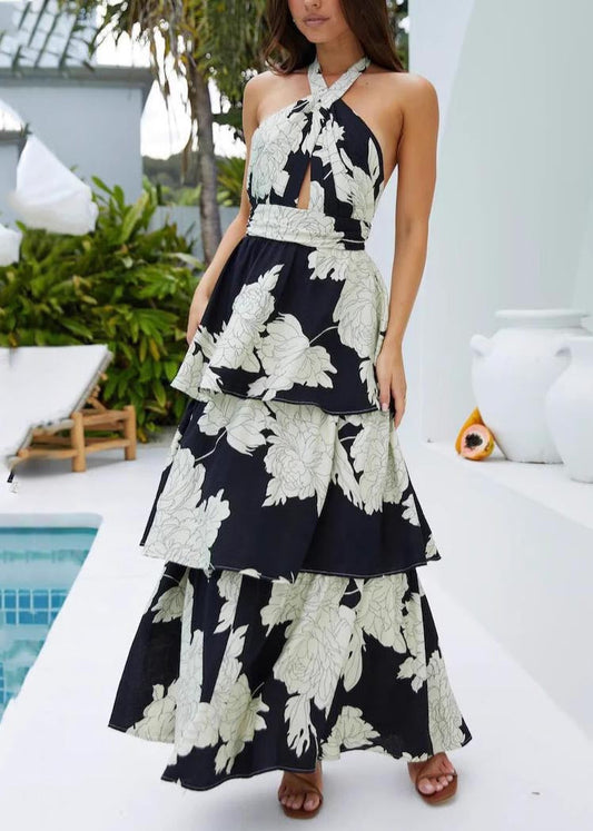 Black Backless Dresses Summer Print Fitted Vacation