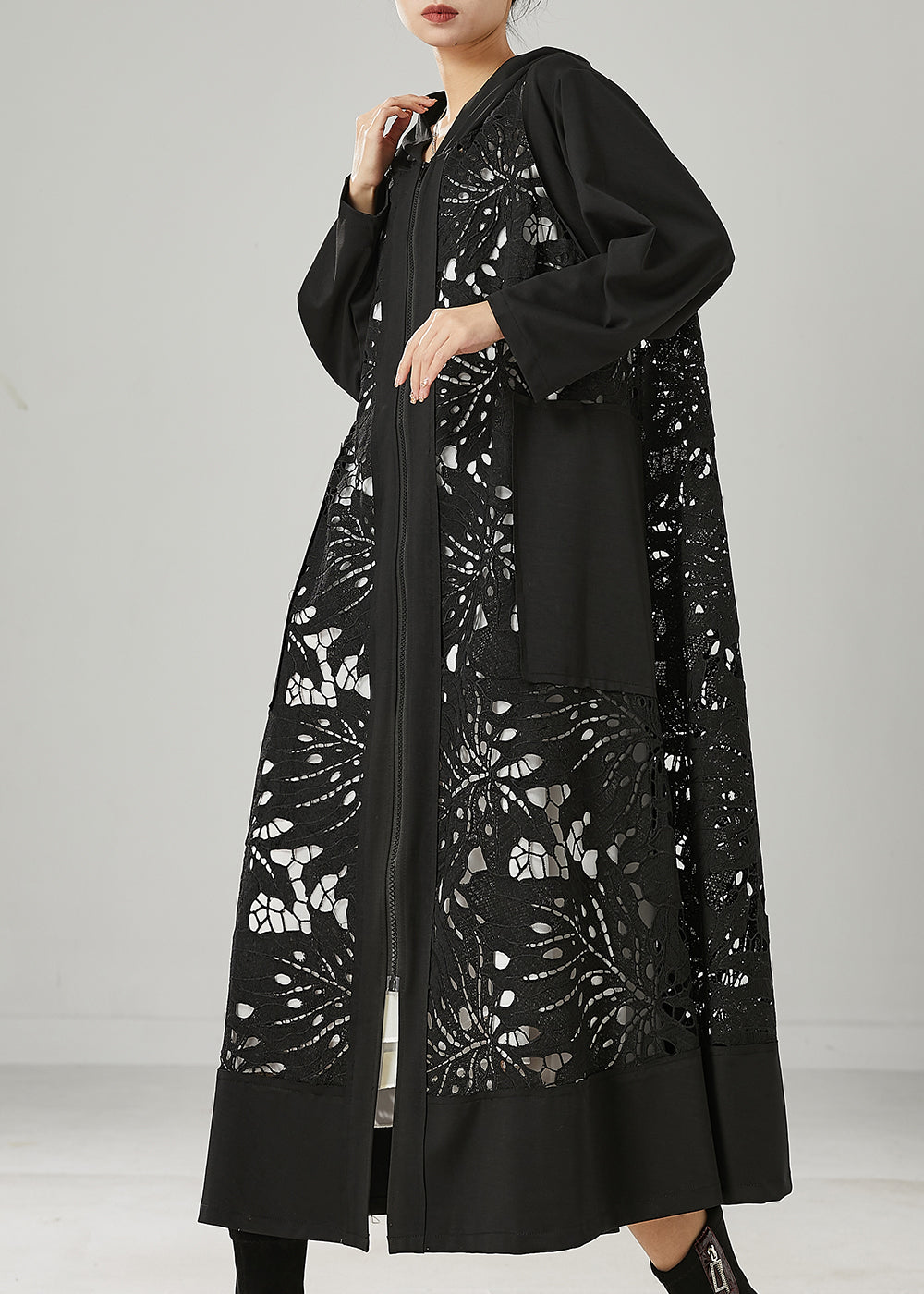 Fitted Black Oversized Patchwork Hollow Out Cotton Trench Spring YU1035