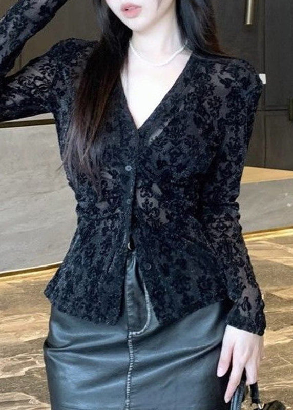 Neck Top Fitted Black Lace Flocking V Spring