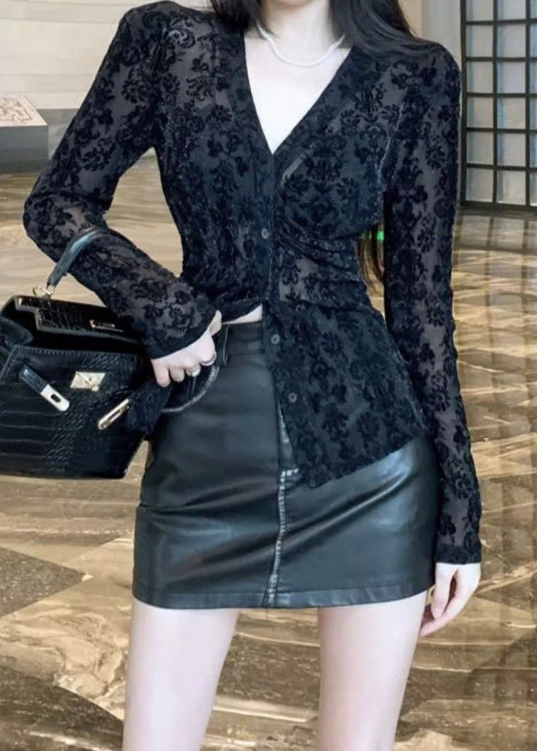 Neck Top Fitted Black Lace Flocking V Spring