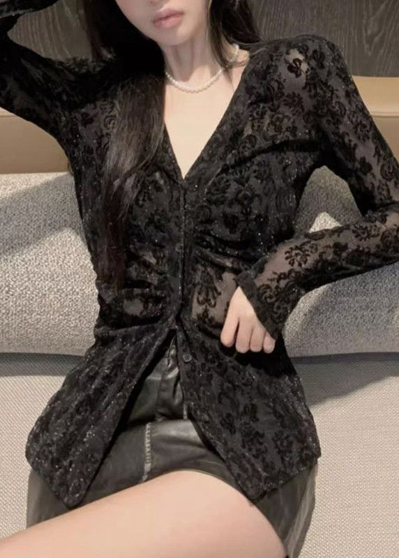 Neck Top Fitted Black Lace Flocking V Spring