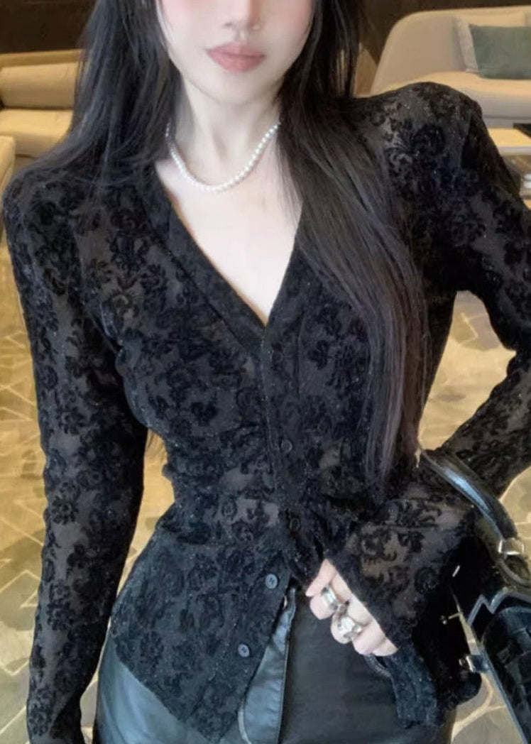 Neck Top Fitted Black Lace Flocking V Spring