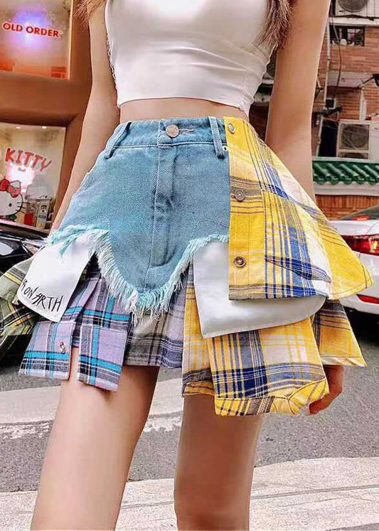 Patchwork Denim Blue Skirts Fitted Asymmetrical Summer