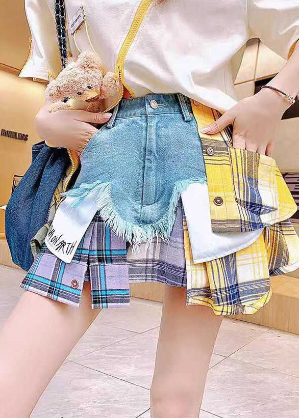 Patchwork Denim Blue Skirts Fitted Asymmetrical Summer