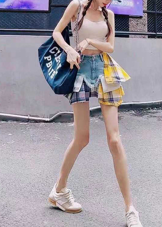 Patchwork Denim Blue Skirts Fitted Asymmetrical Summer