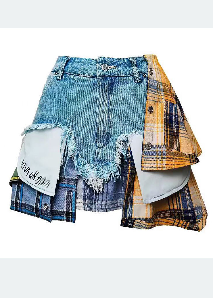 Patchwork Denim Blue Skirts Fitted Asymmetrical Summer