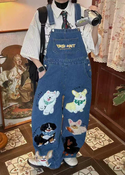 Blue Cute Denim Animals Summer Jumpsuit Fitted Oversized