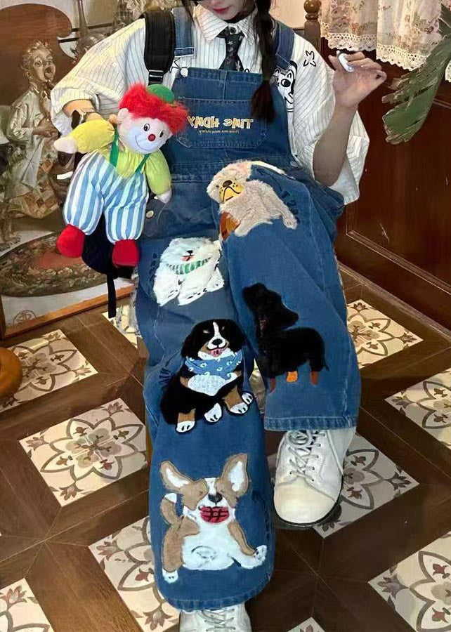 Blue Cute Denim Animals Summer Jumpsuit Fitted Oversized