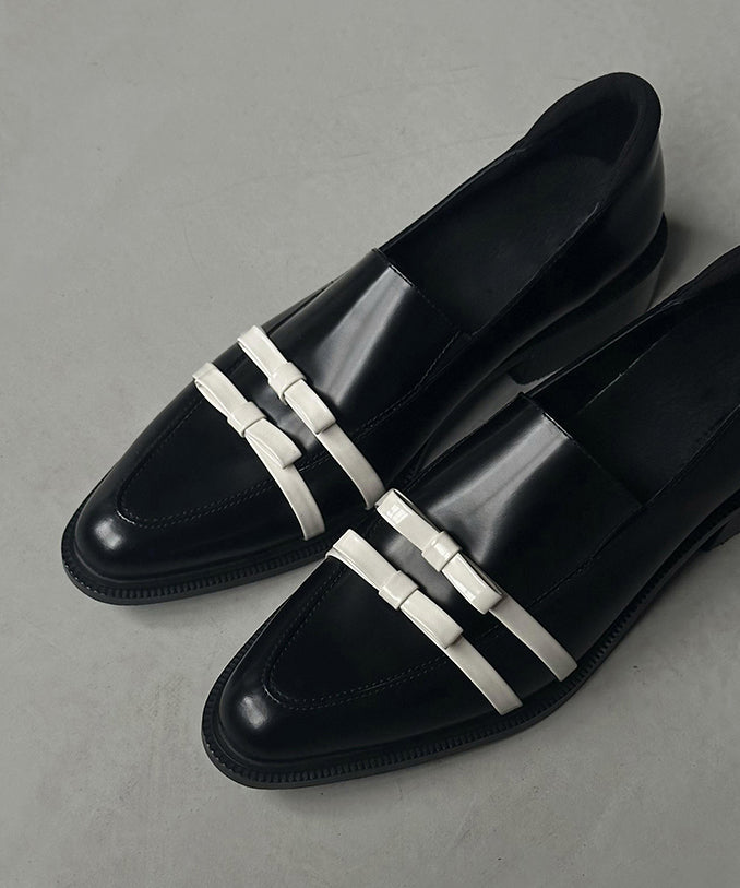 Bow Pointed Fitted Black Chunky Cowhide Leather Splicing Toe