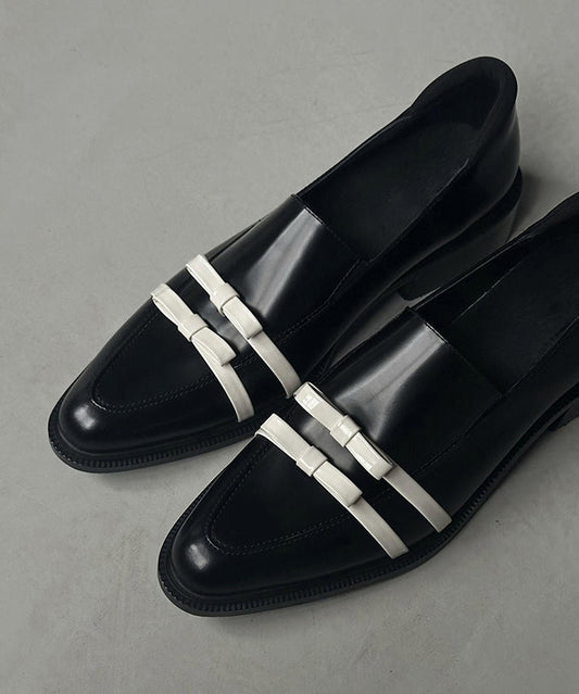 Bow Pointed Fitted Black Chunky Cowhide Leather Splicing Toe