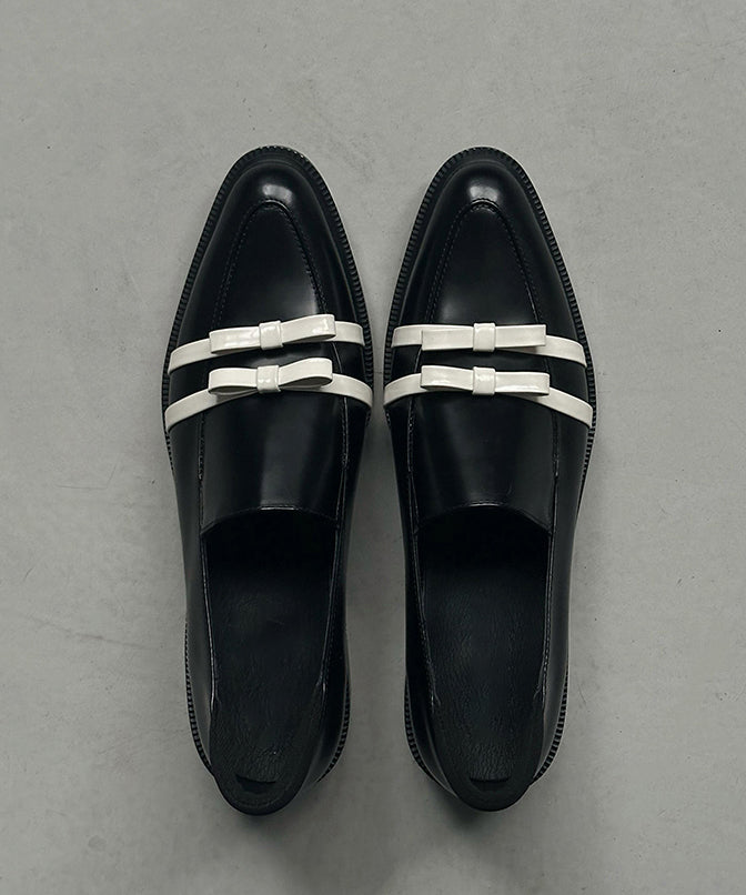 Bow Pointed Fitted Black Chunky Cowhide Leather Splicing Toe