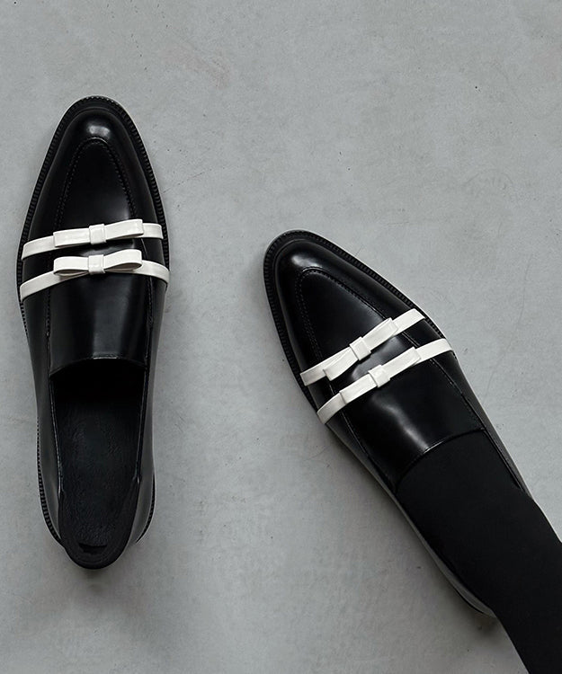 Bow Pointed Fitted Black Chunky Cowhide Leather Splicing Toe