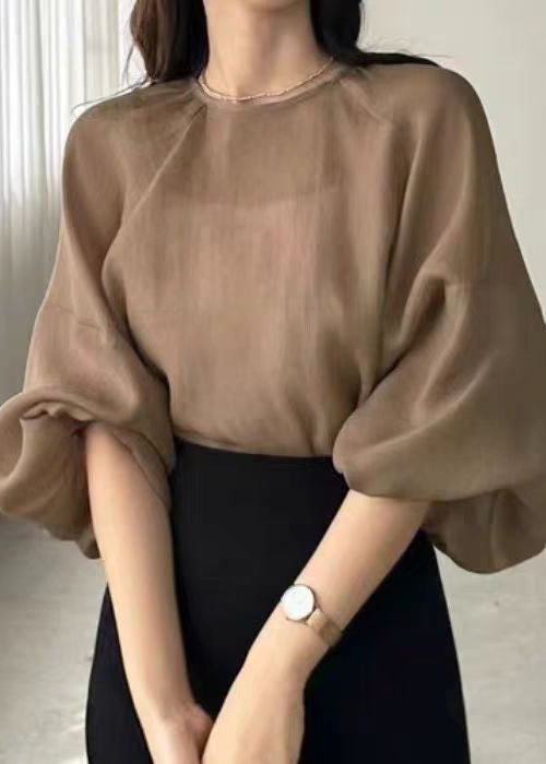Fall Fitted Oversized UPF Brown 50+Shirts Chiffon