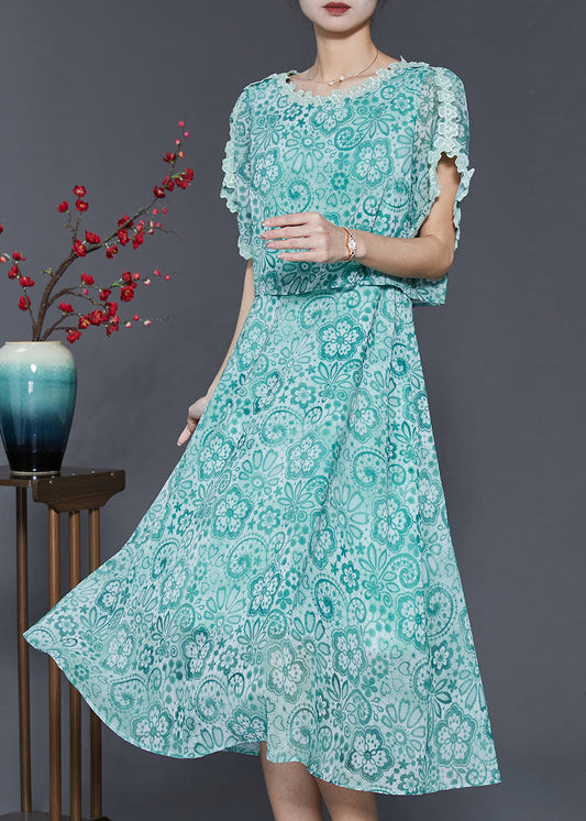 Fitted Green Print Patchwork Chiffon Dresses Summer SD1026