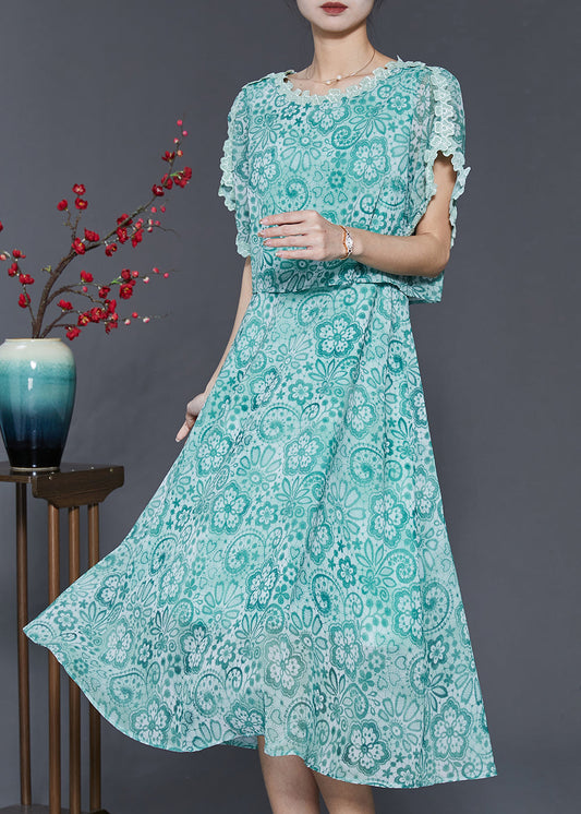 Tailliertes, grünes Patchwork-Chiffonkleid mit Print für den Sommer SD1026