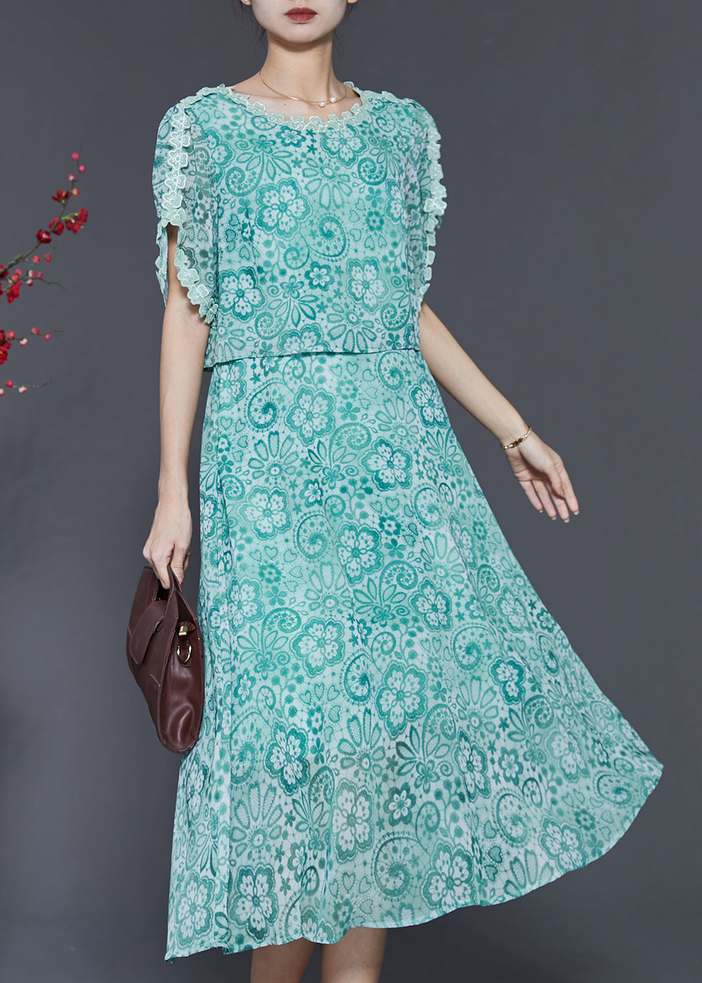 Fitted Green Print Patchwork Chiffon Dresses Summer SD1026