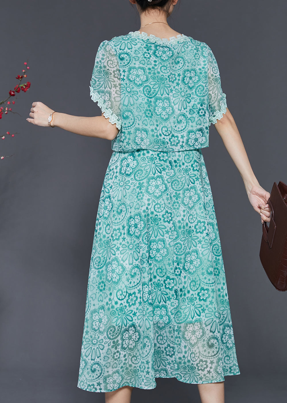 Fitted Green Print Patchwork Chiffon Dresses Summer SD1026