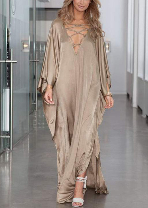 Batwing Fitted Silk Khaki Dress Oversized Holiday Side Open