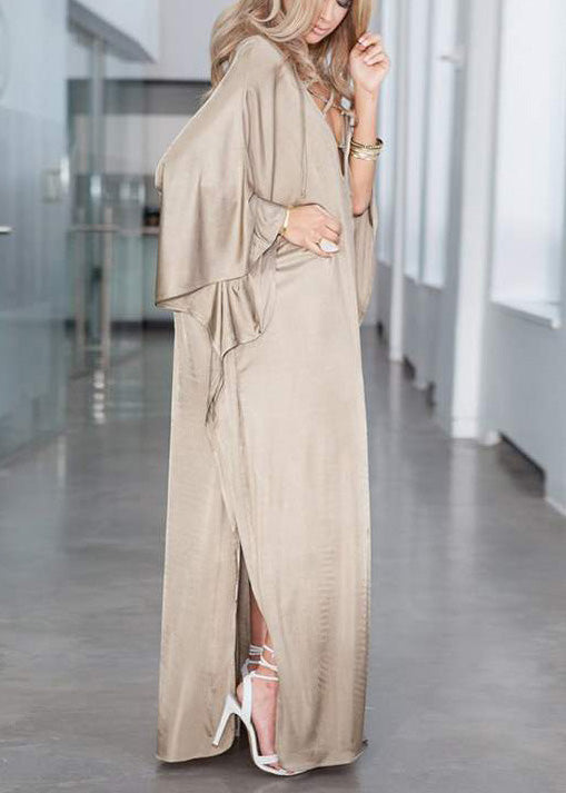 Batwing Fitted Silk Khaki Dress Oversized Holiday Side Open