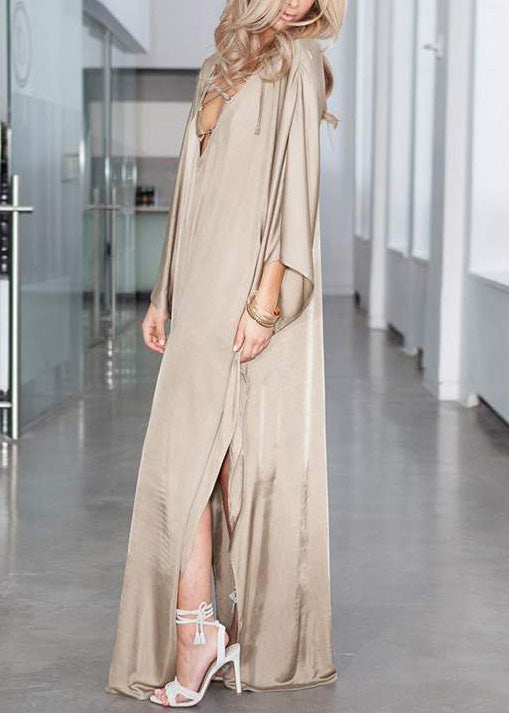 Batwing Fitted Silk Khaki Dress Oversized Holiday Side Open