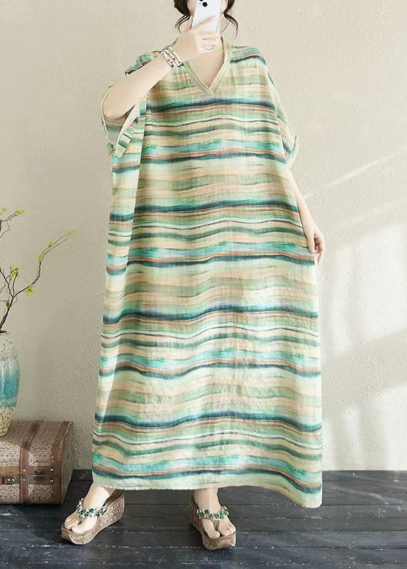 Summer Oversized Robe Green Striped Fitted Cotton Dresses Light