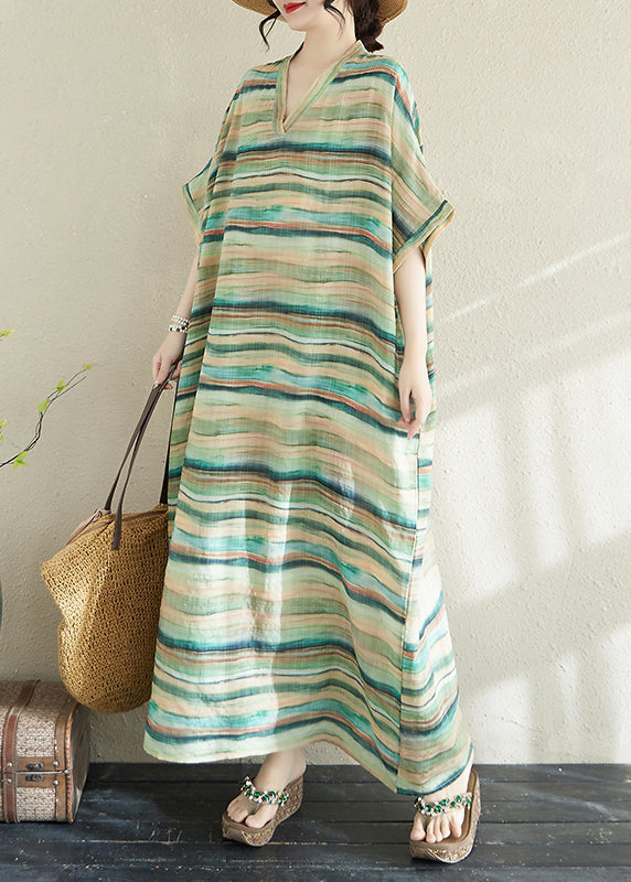 Summer Oversized Robe Green Striped Fitted Cotton Dresses Light
