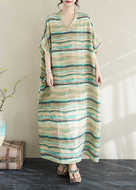 Summer Oversized Robe Green Striped Fitted Cotton Dresses Light