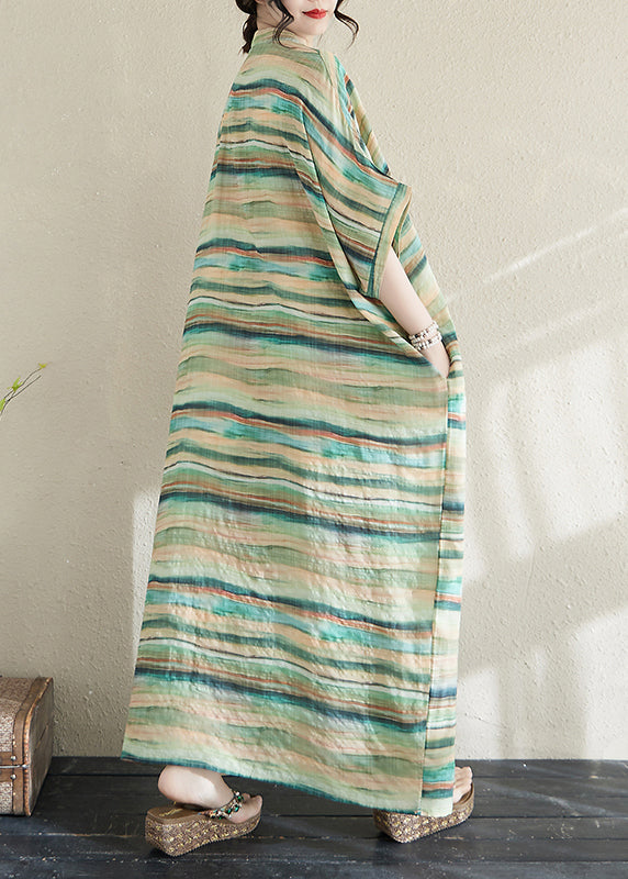 Summer Oversized Robe Green Striped Fitted Cotton Dresses Light