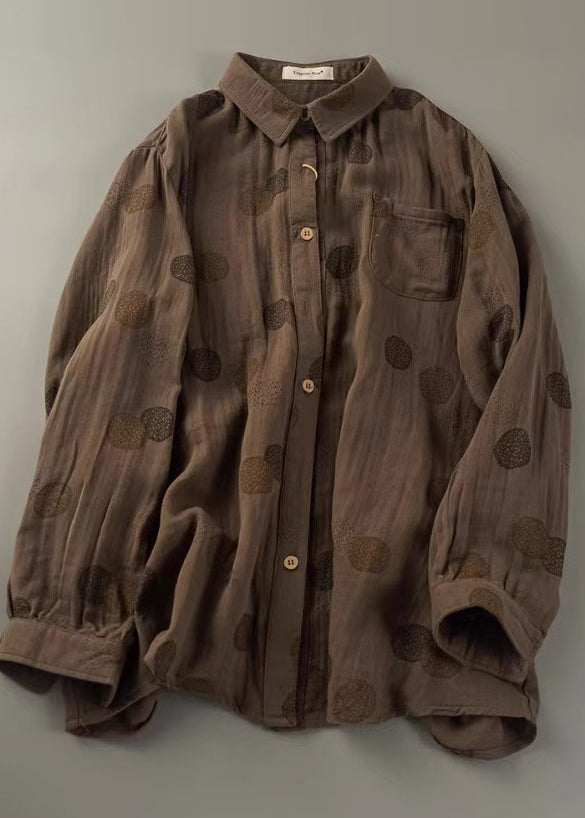 Orange Tops Spring Oversized Print Fitted Shirt Cotton