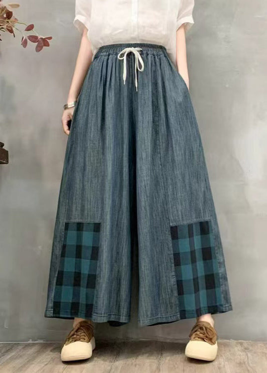 Summer Wide Oversized Leg Pants Denim Plaid Fitted Patchwork