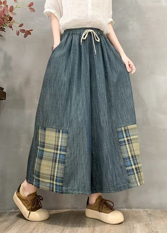 Summer Wide Oversized Leg Pants Denim Plaid Fitted Patchwork