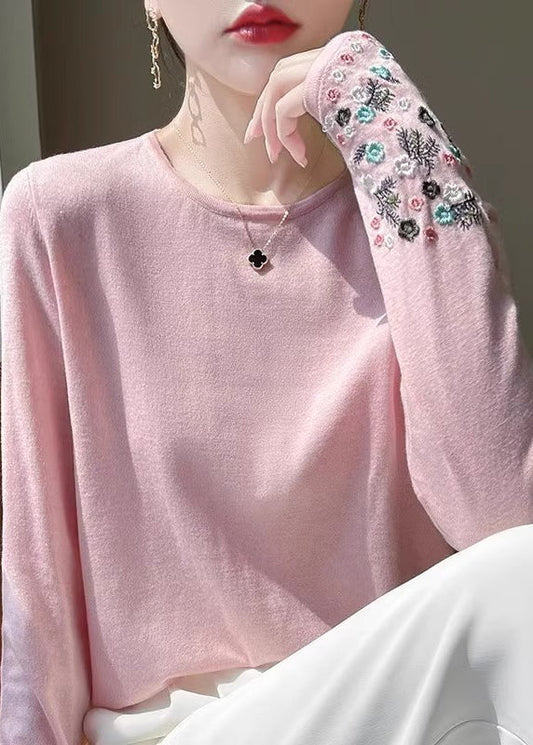 Spring Pink Woolen Embroidered Sweaters Thin Fitted