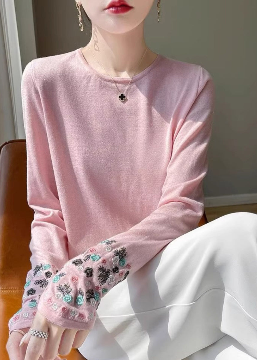 Spring Pink Woolen Embroidered Sweaters Thin Fitted