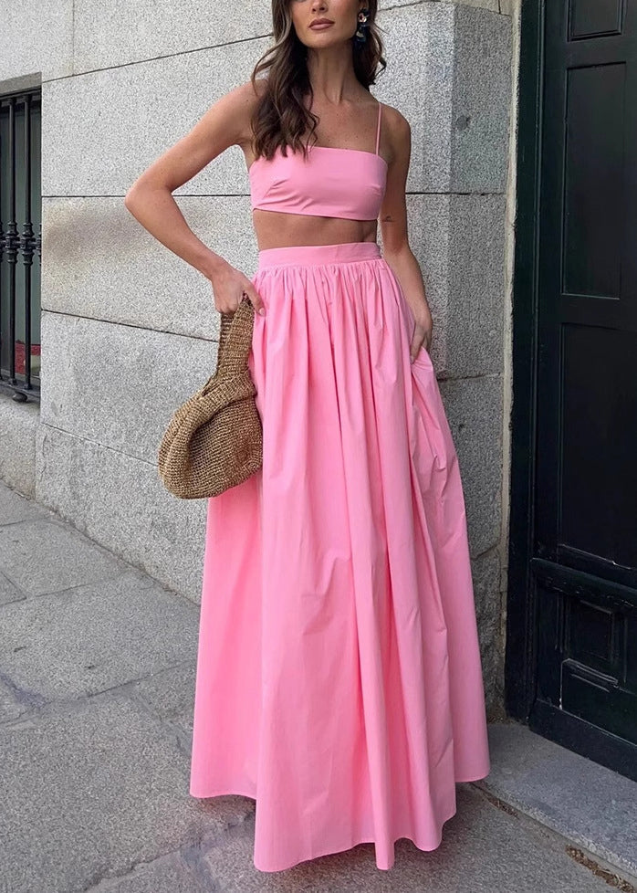 Women Cotton Sets Fitted Tops Silm Fit Strapless Skirts Pink And