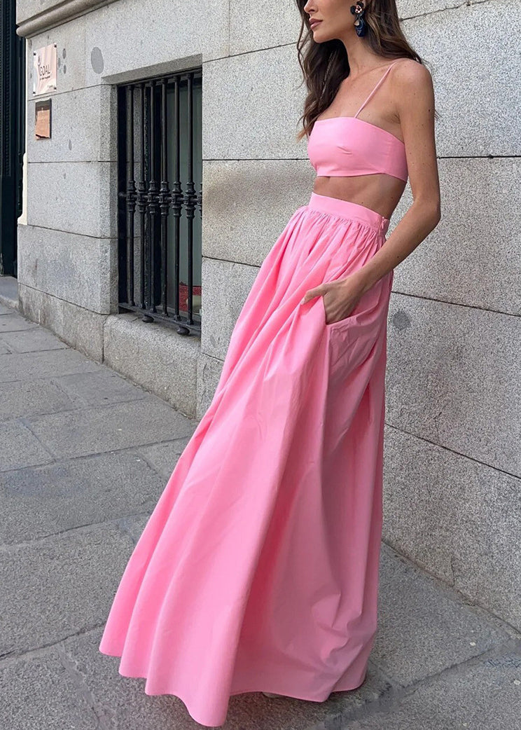 Women Cotton Sets Fitted Tops Silm Fit Strapless Skirts Pink And