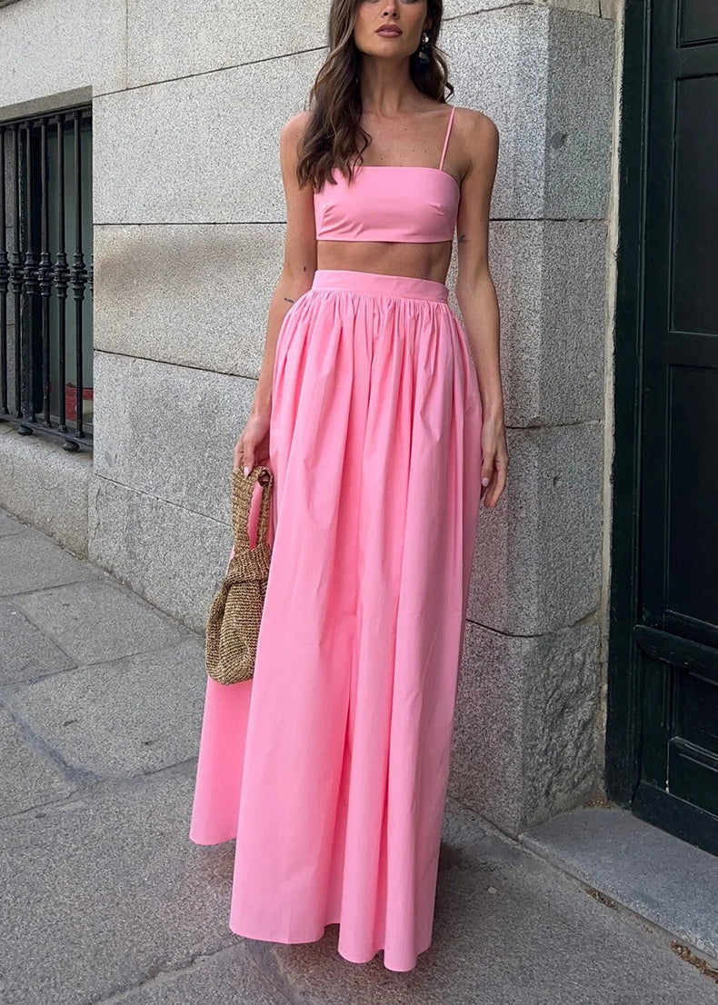 Women Cotton Sets Fitted Tops Silm Fit Strapless Skirts Pink And