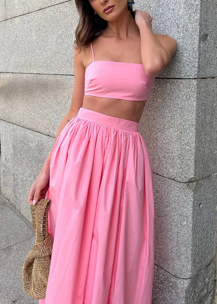Women Cotton Sets Fitted Tops Silm Fit Strapless Skirts Pink And
