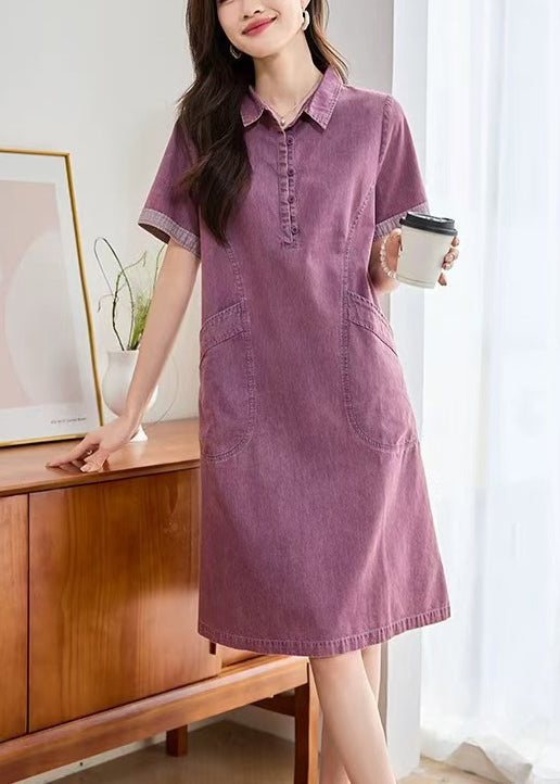 Pan Denim Fitted Collar Peter Pockets Dress Summer Purple Day