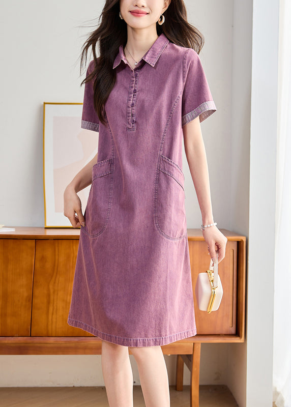 Peter Dress Day Pockets Summer Collar Denim Pan Purple Fitted