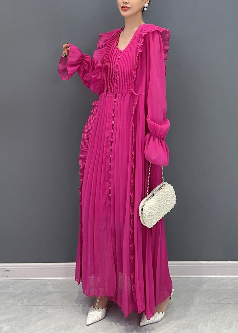 Fitted Rose V Neck Ruffled Patchwork Chiffon Dress Flare Sleeve AY1007