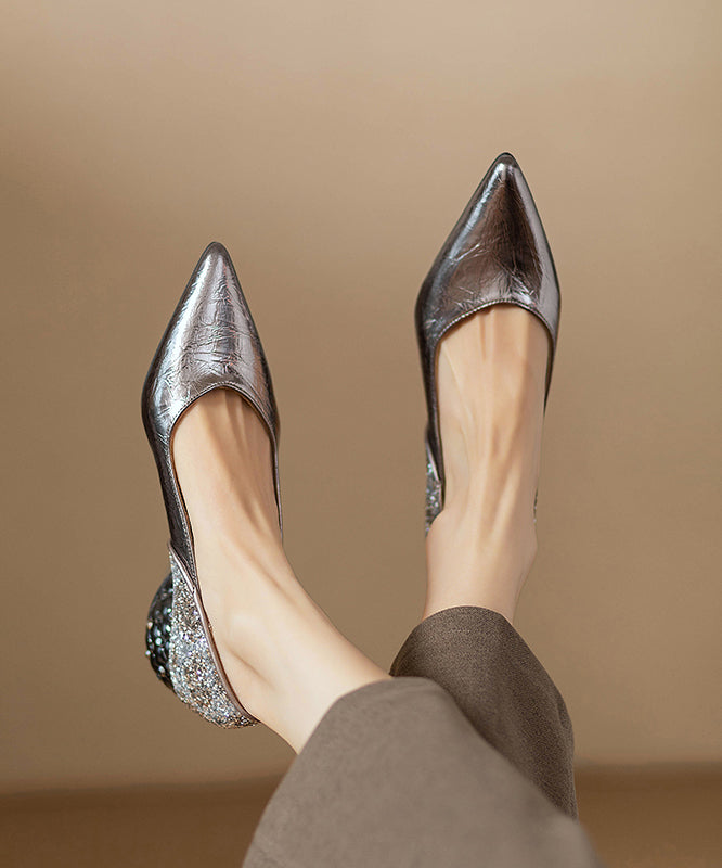 Faux Chunky Toe Fitted Splicing Silver Pointed Heel Brown Leather